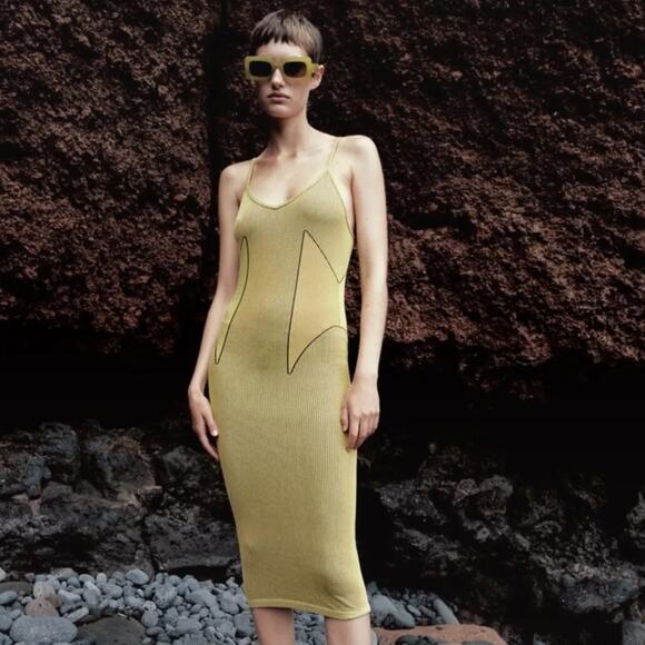 ZARA Ribbed Bodycon Dress Sz XS Yellow Black - Picture 1 of 6